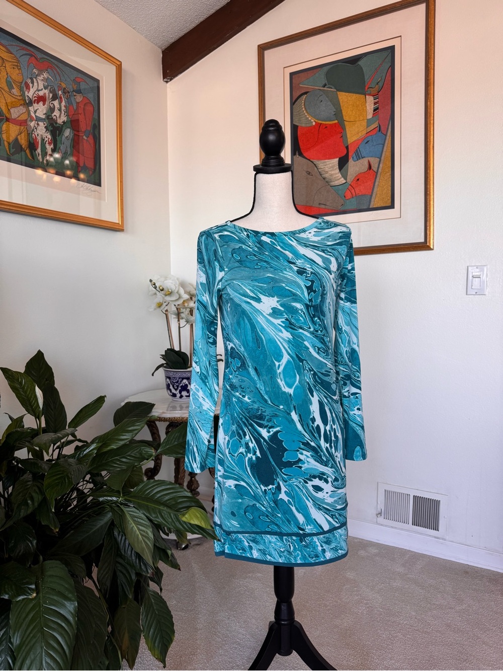 Michael Kors Turquoise Marble-Print Long Sleeve Dress